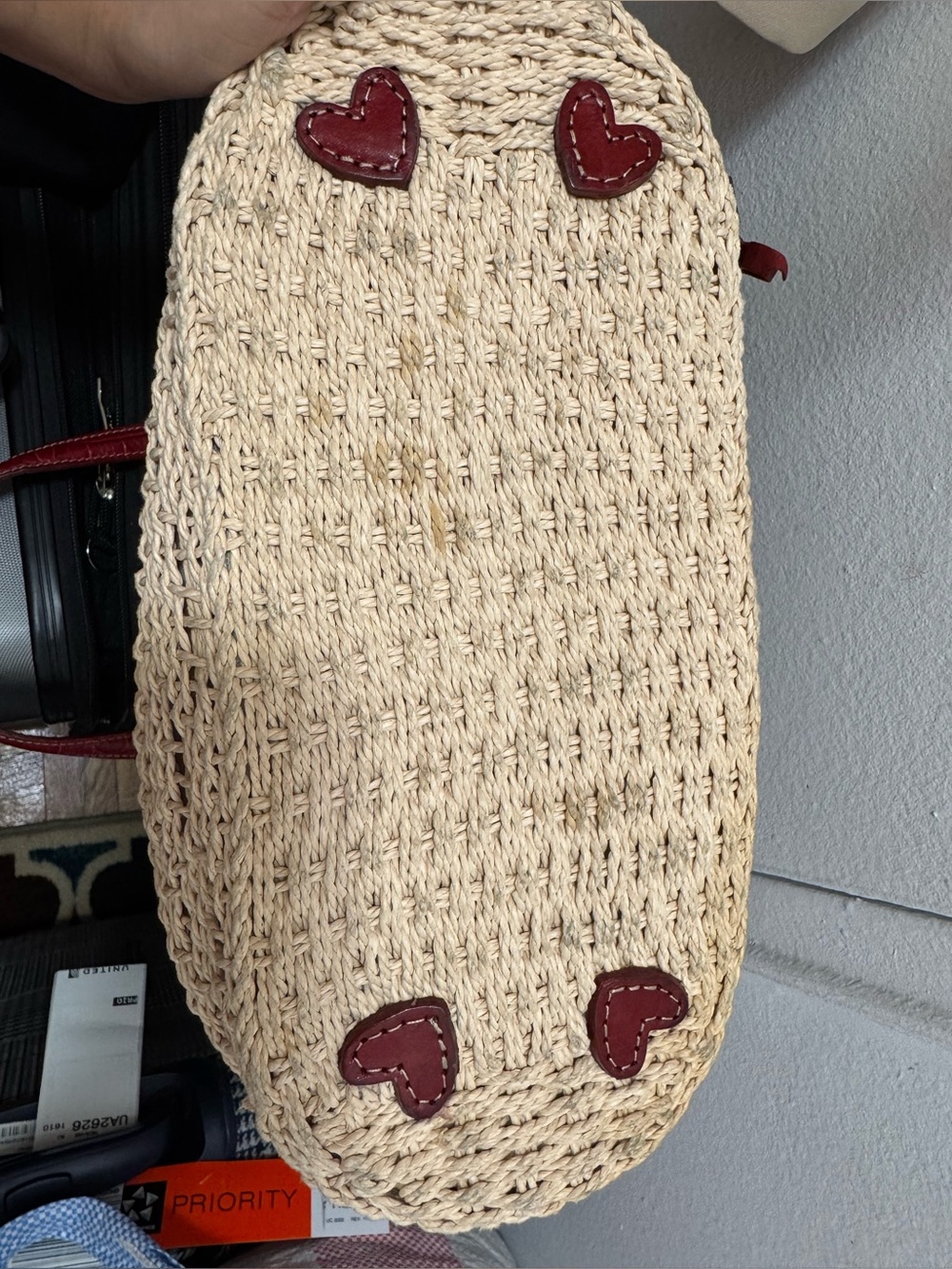 BRIGHTON Beverly Straw Floral Handbag/Tote Deep Red Leather Bag Heart Detail - Picture 9 of 10